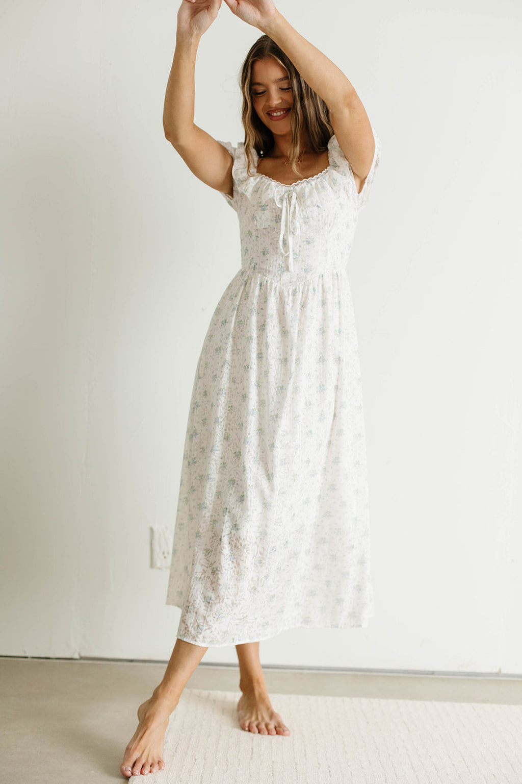Maggie Sweet Lace Edged Prairie Dress in Blue Floral