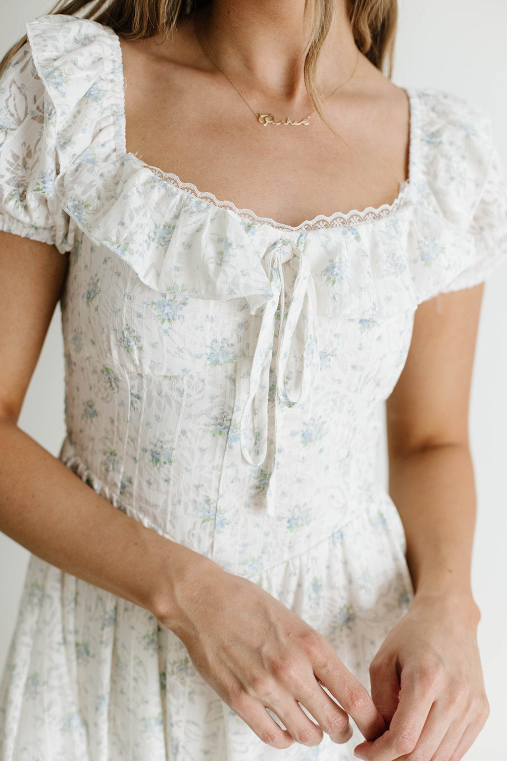Maggie Sweet Lace Edged Prairie Dress in Blue Floral