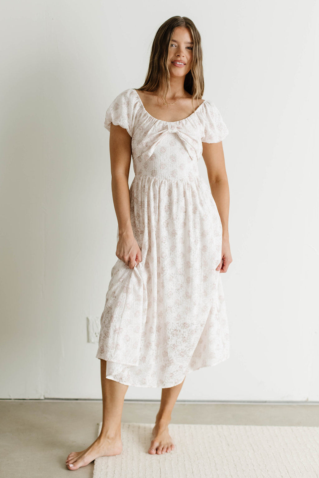 Debbie Bow Front Floral Midi Dress in Pink