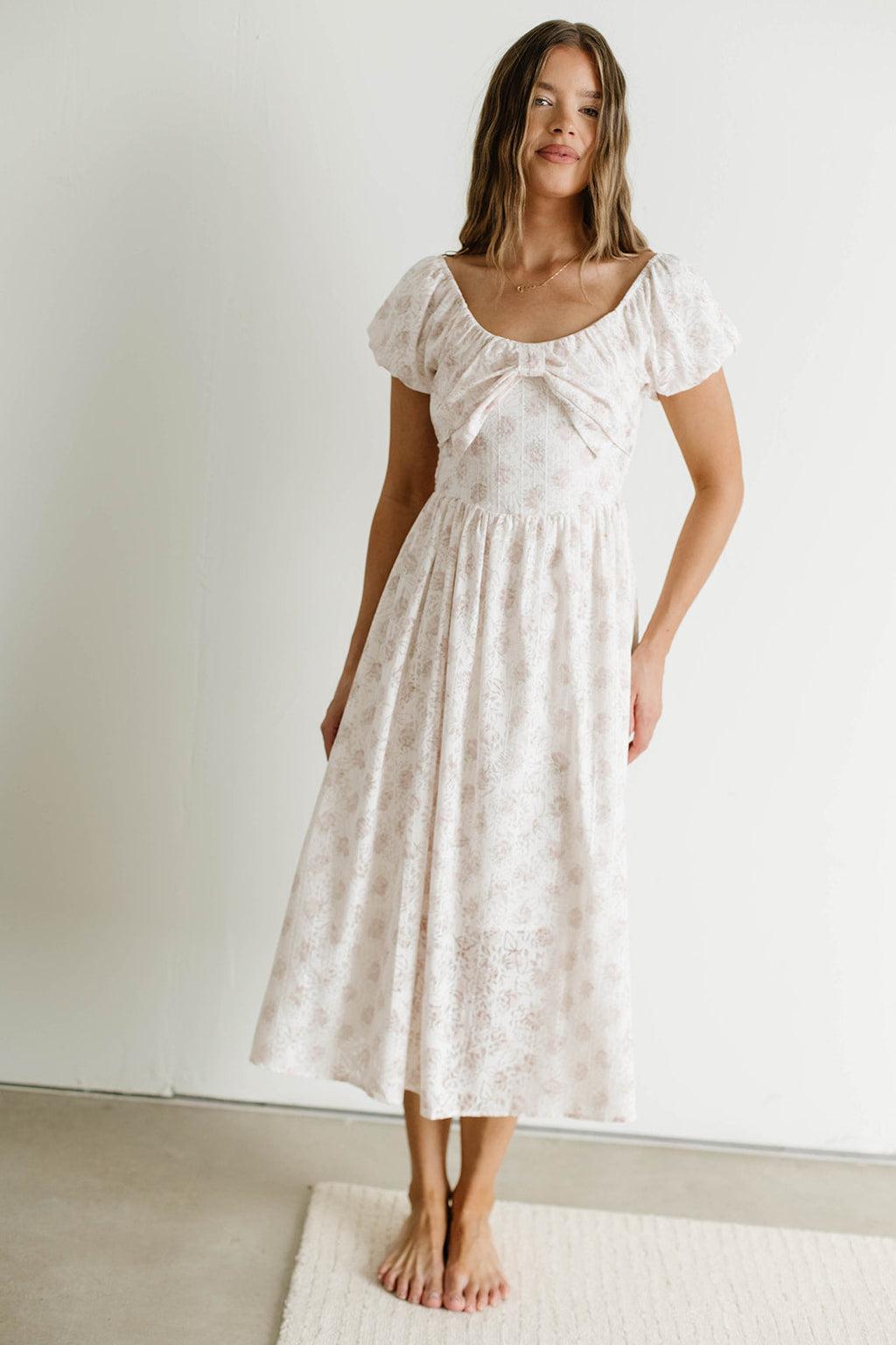 Debbie Bow Front Floral Midi Dress in Pink