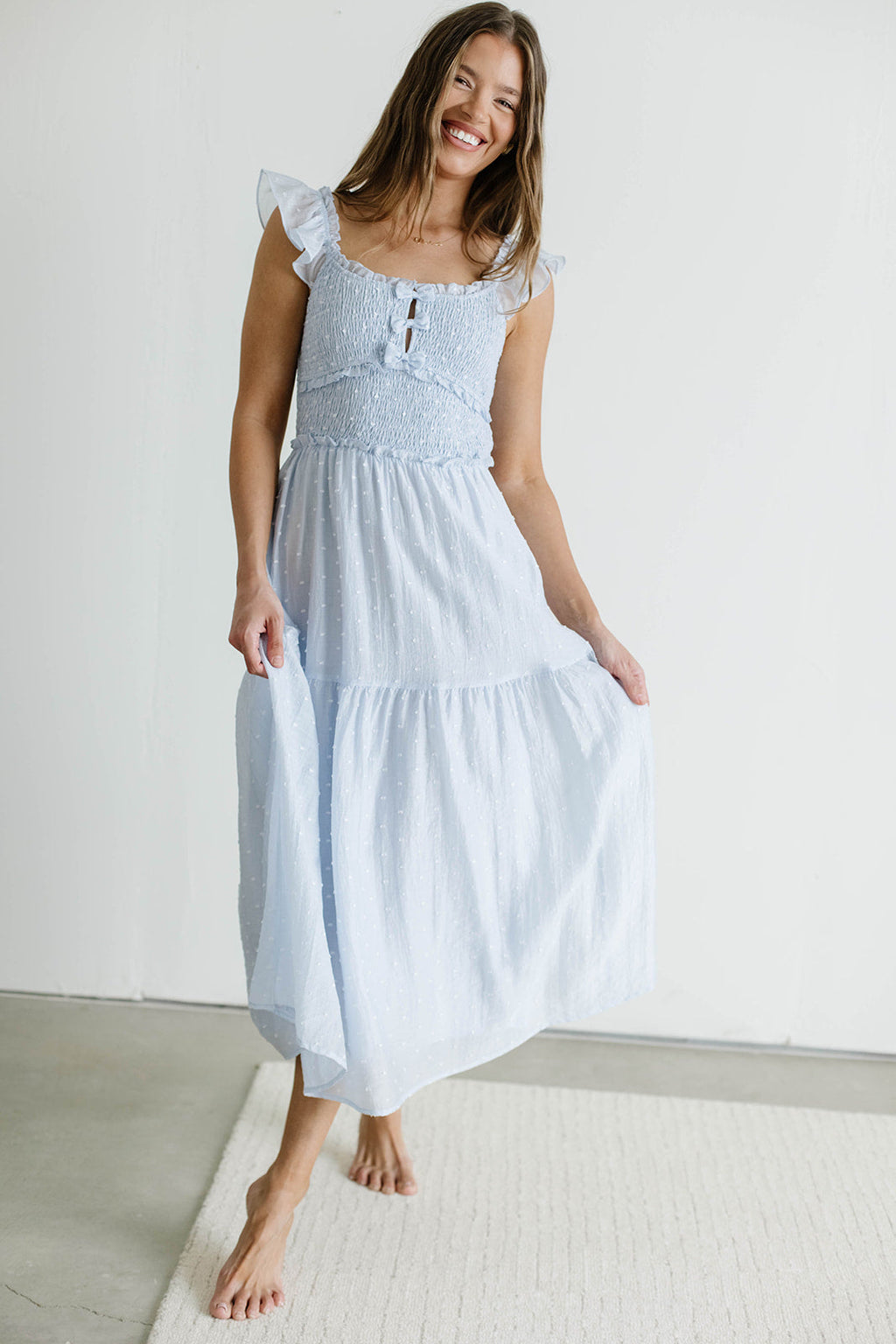 Porter Clip Dot Ruffle Detail Smocked Midi Dress in Light Blue