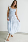 Porter Clip Dot Ruffle Detail Smocked Midi Dress in Light Blue