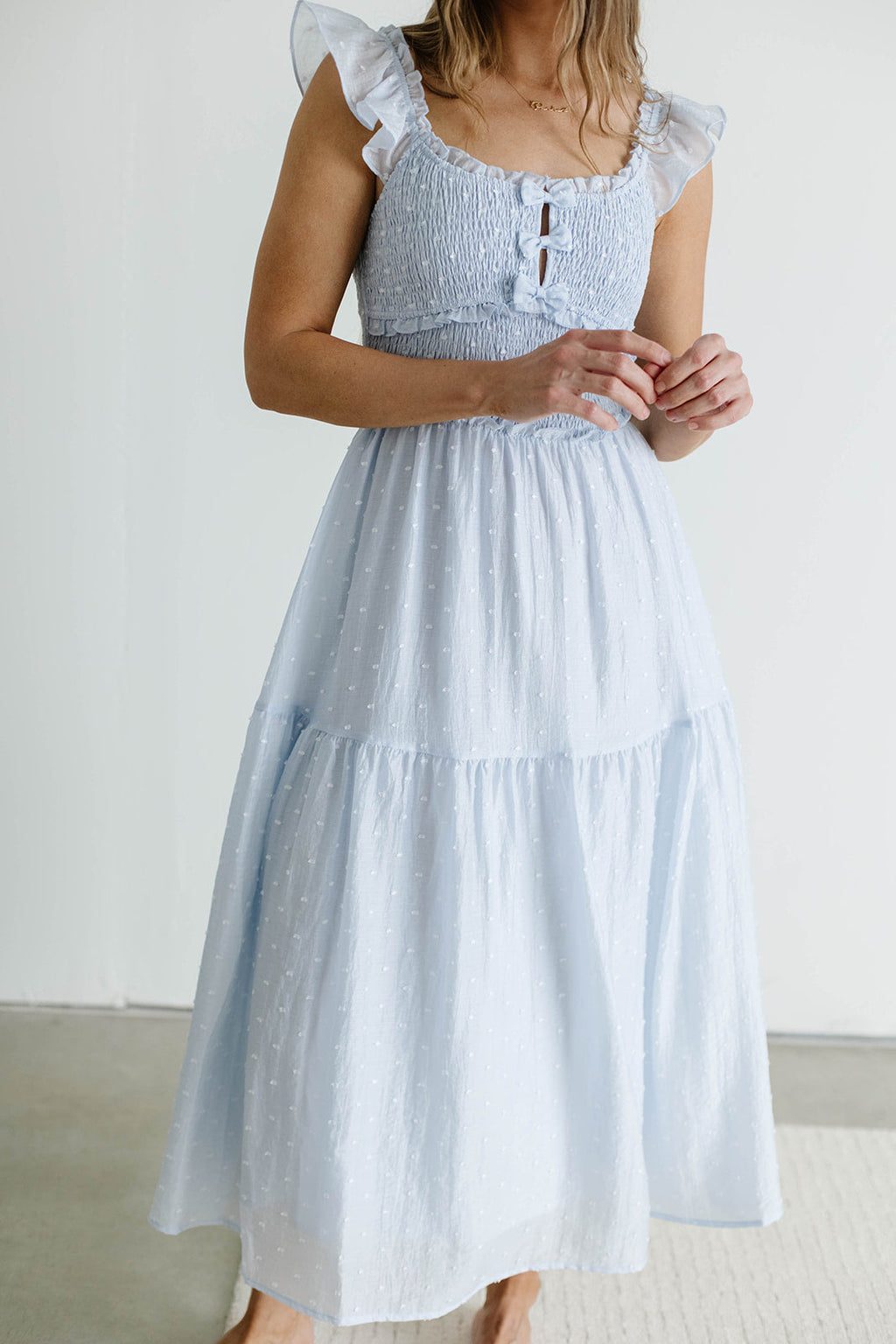 Porter Clip Dot Ruffle Detail Smocked Midi Dress in Light Blue