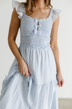 Porter Clip Dot Ruffle Detail Smocked Midi Dress in Light Blue