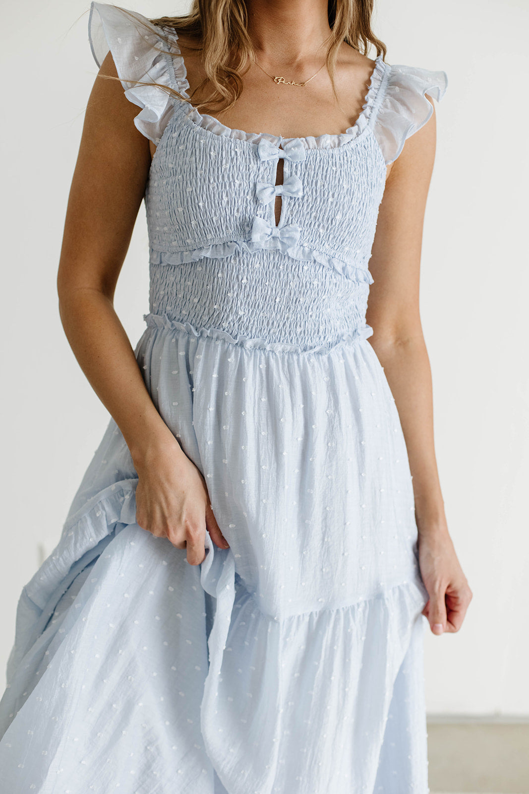 Porter Clip Dot Ruffle Detail Smocked Midi Dress in Light Blue