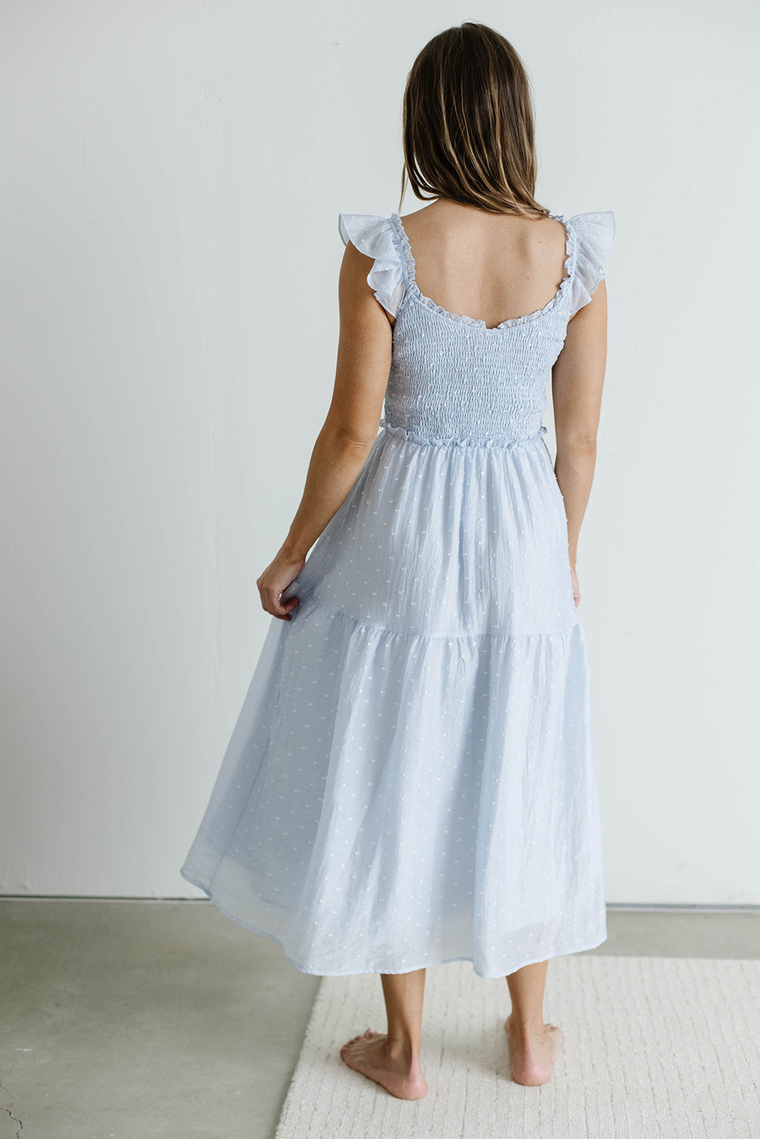 Porter Clip Dot Ruffle Detail Smocked Midi Dress in Light Blue