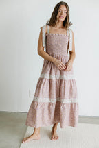 Paisley Tiered Midi Dress in Nude Pink
