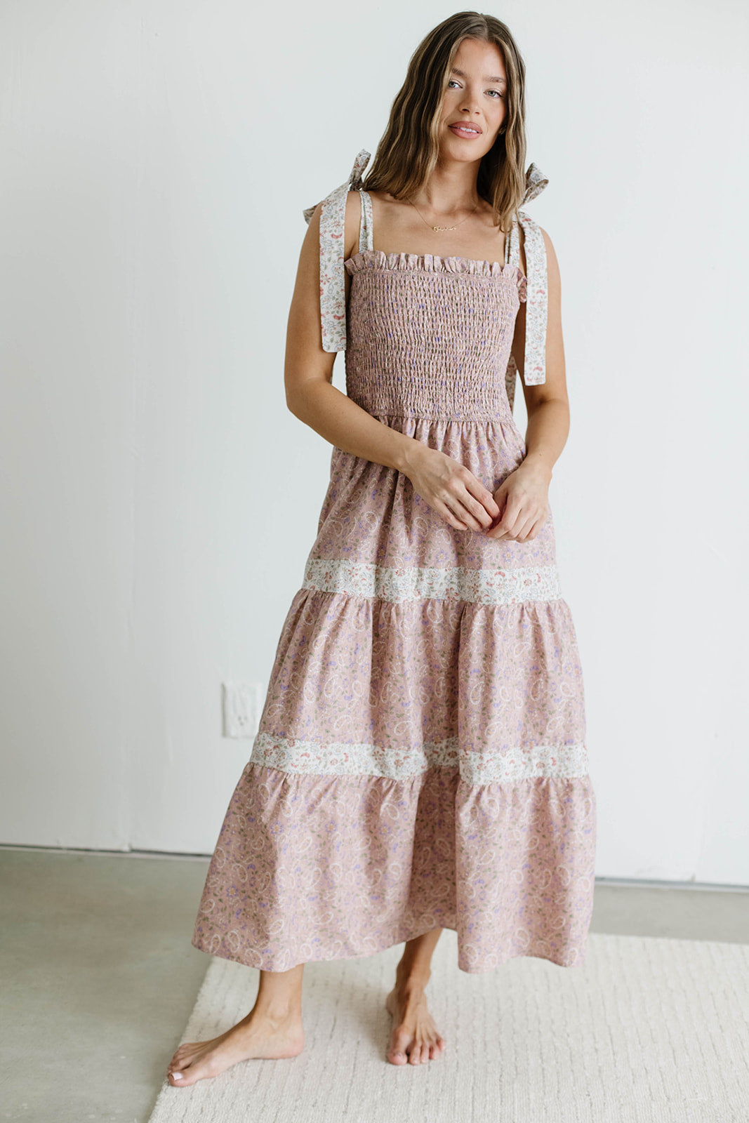 Paisley Tiered Midi Dress in Nude Pink