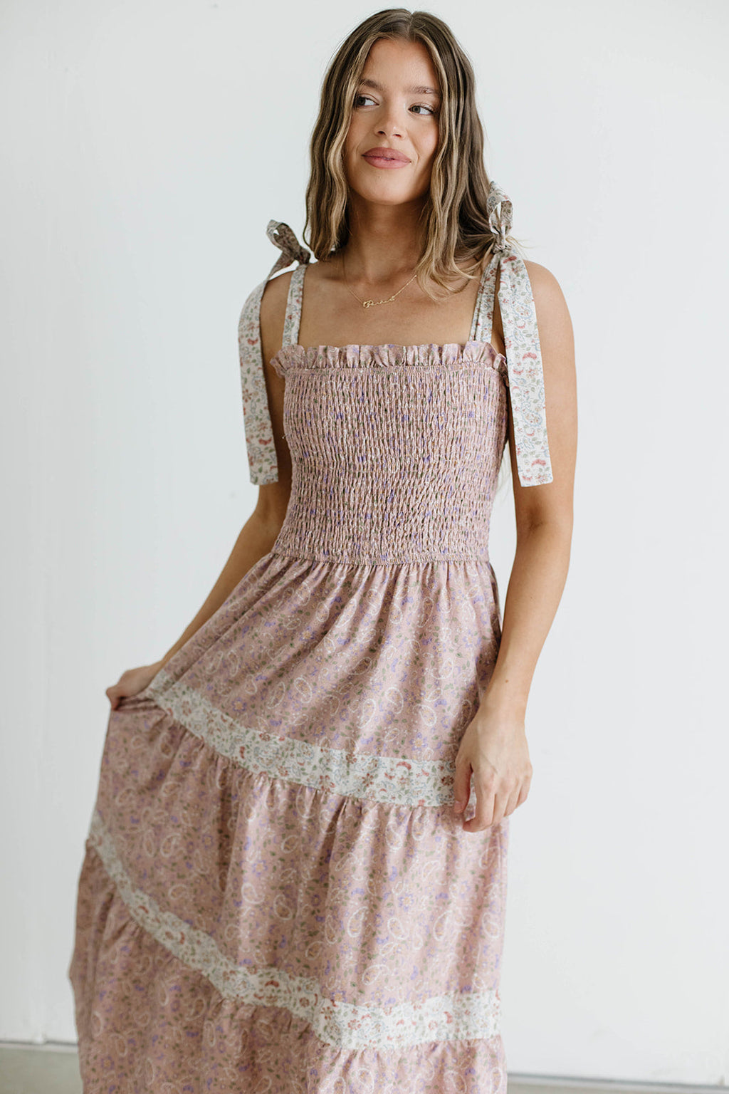 Paisley Tiered Midi Dress in Nude Pink