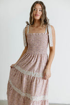 Paisley Tiered Midi Dress in Nude Pink