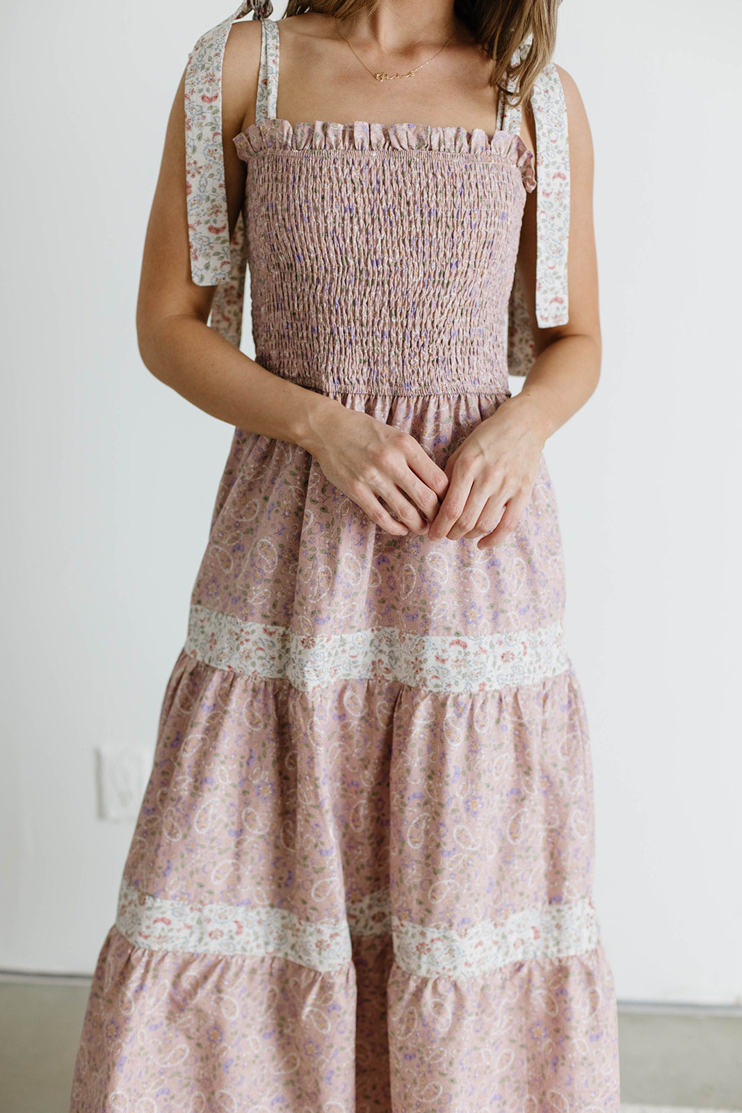 Paisley Tiered Midi Dress in Nude Pink