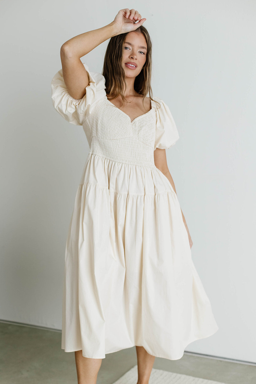Ellison Poplin Smocked Midi Dress in Oyster