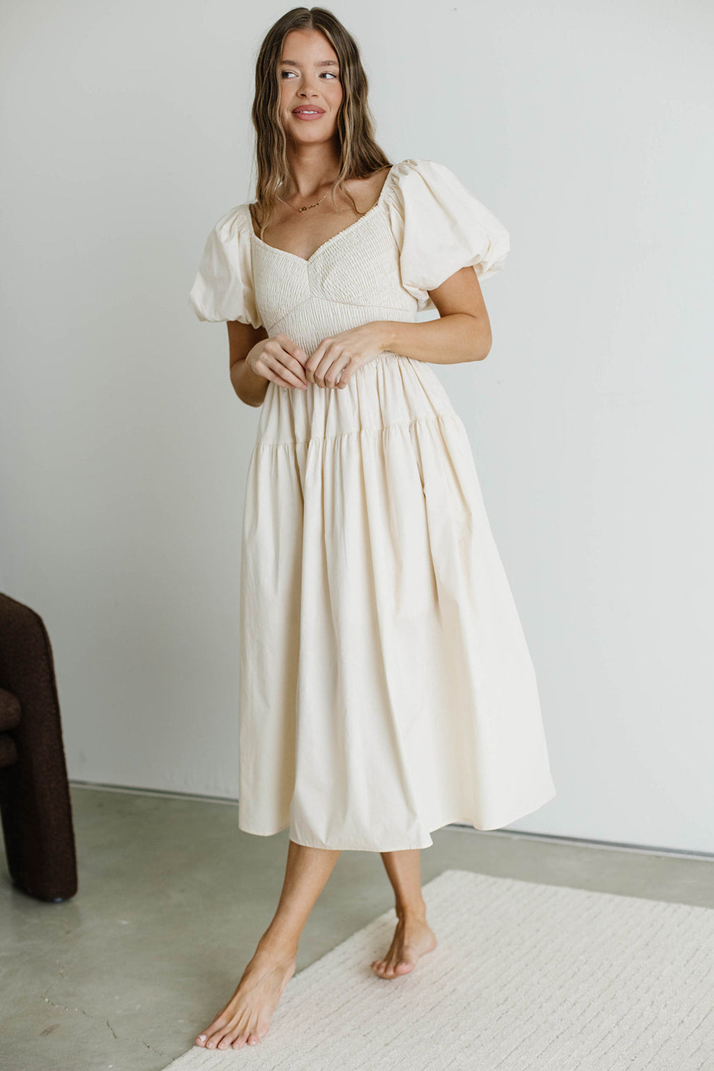Ellison Poplin Smocked Midi Dress in Oyster