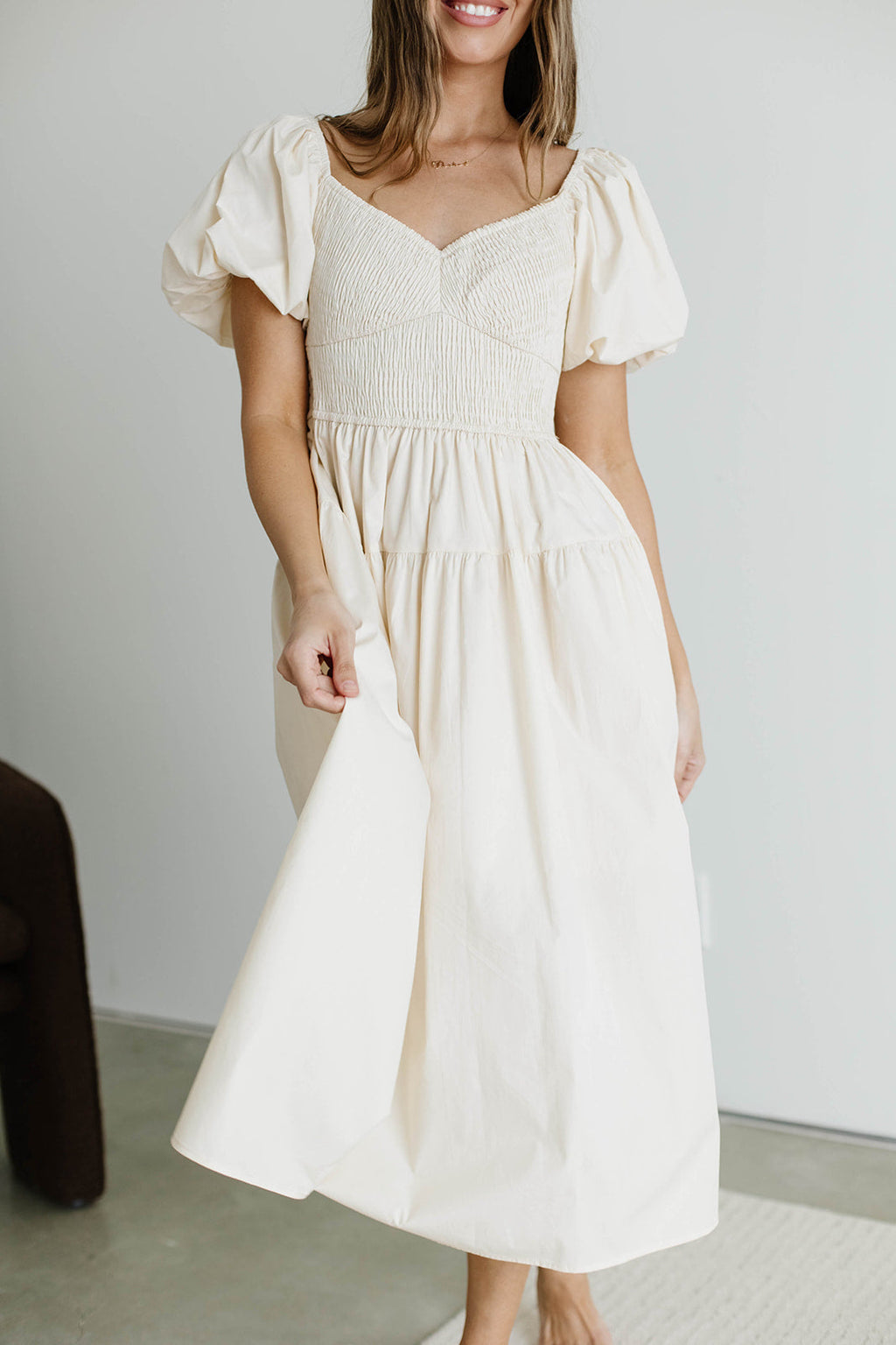 Ellison Poplin Smocked Midi Dress in Oyster