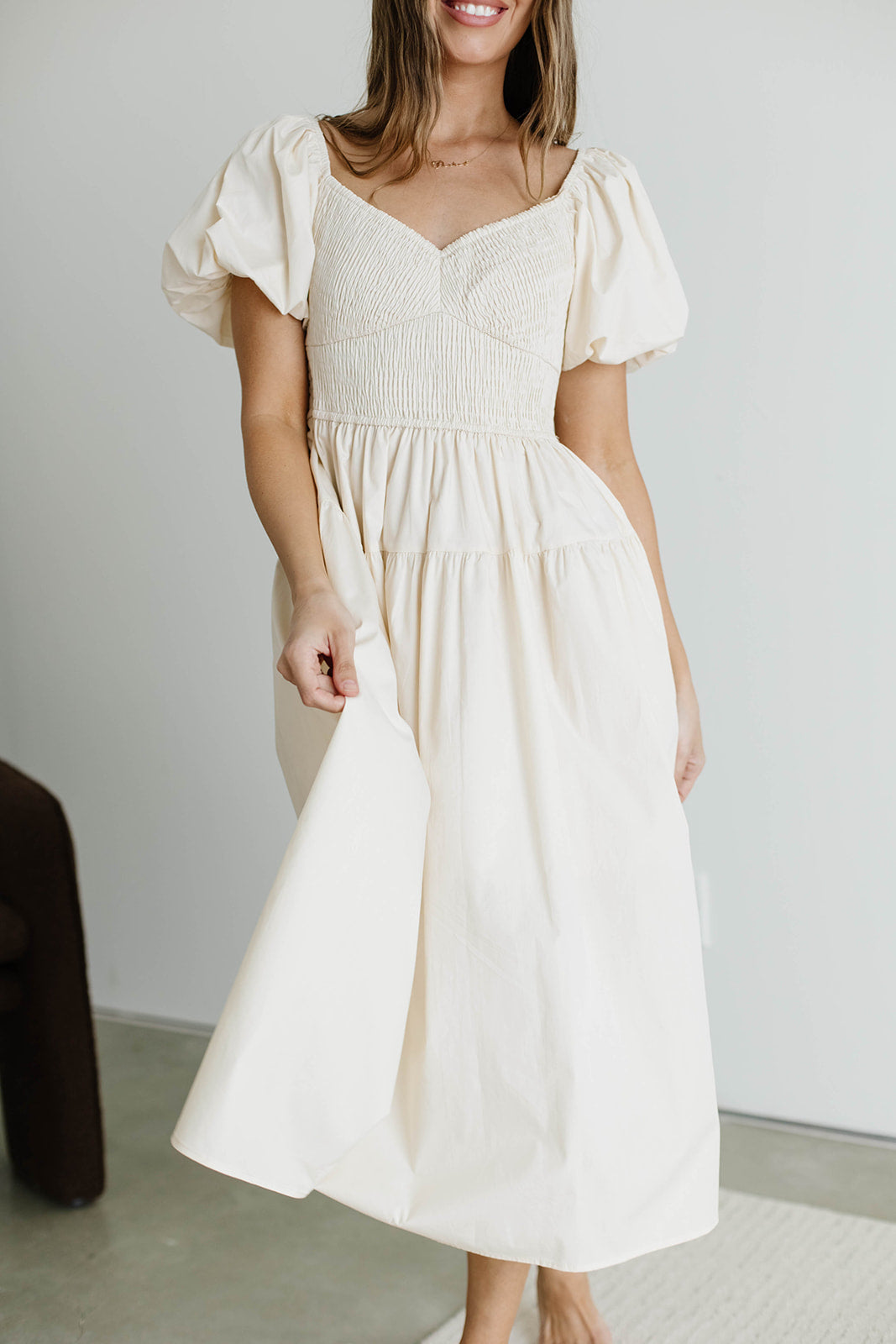 Ellison Poplin Smocked Midi Dress in Oyster