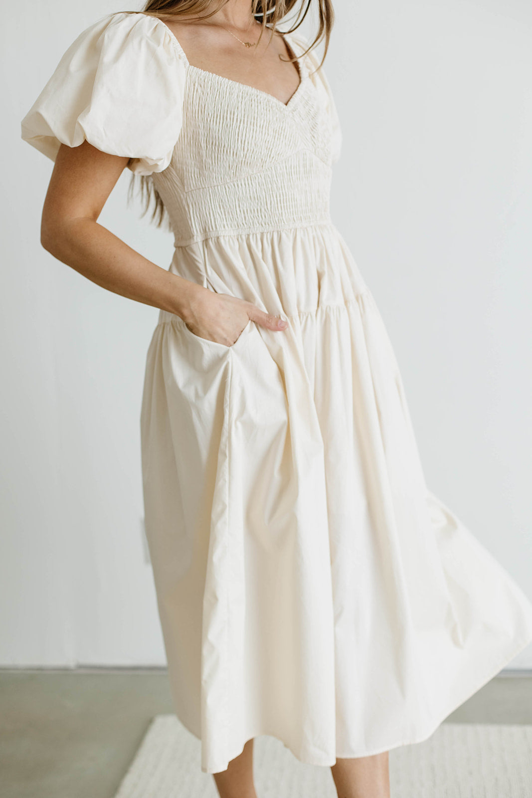 Ellison Poplin Smocked Midi Dress in Oyster