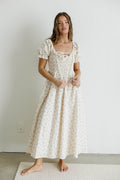 Danna Eyelet Trim Floral Midi Dress in Ivory