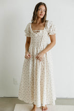 Danna Eyelet Trim Floral Midi Dress in Ivory