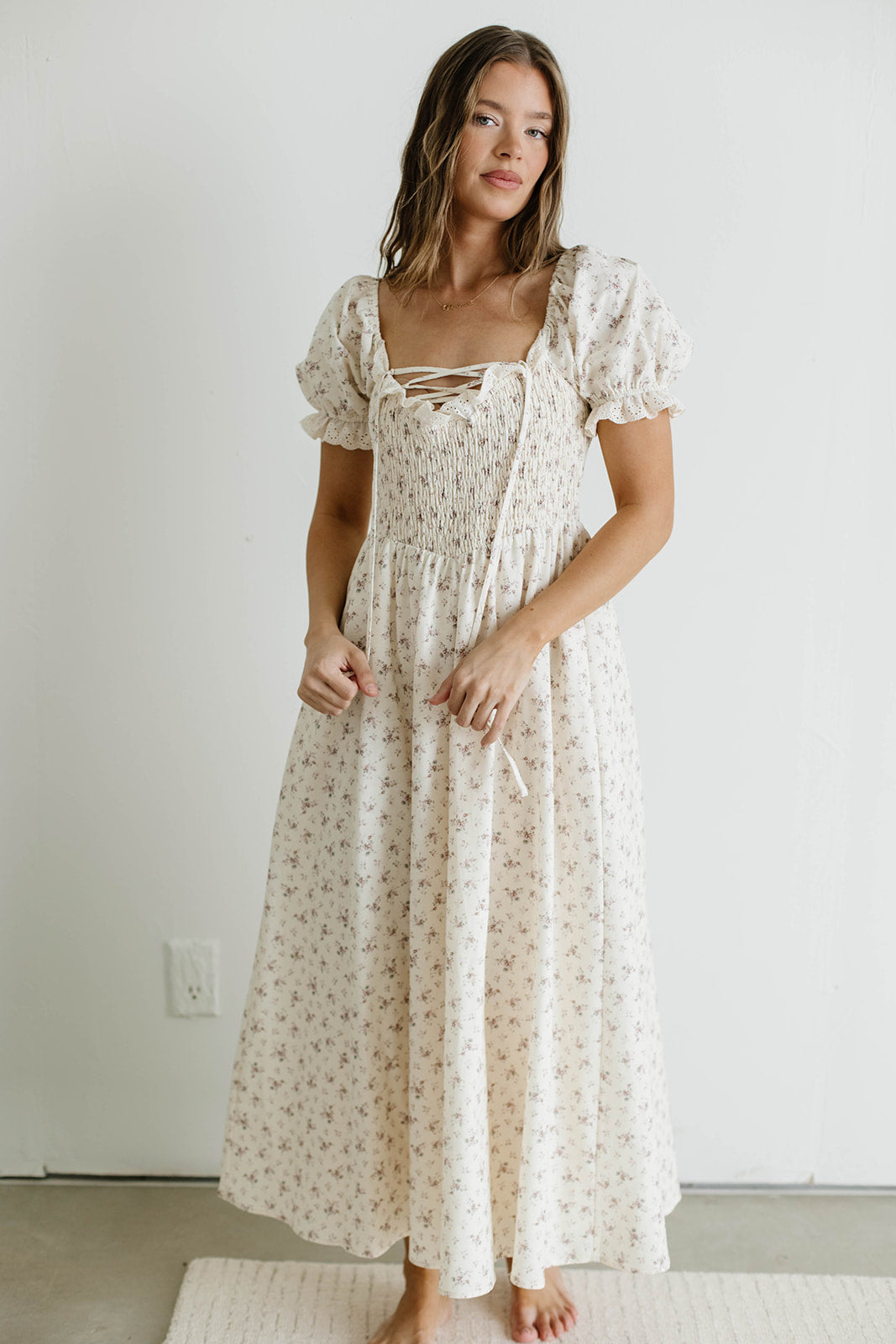 Danna Eyelet Trim Floral Midi Dress in Ivory