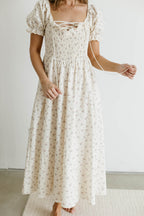 Danna Eyelet Trim Floral Midi Dress in Ivory