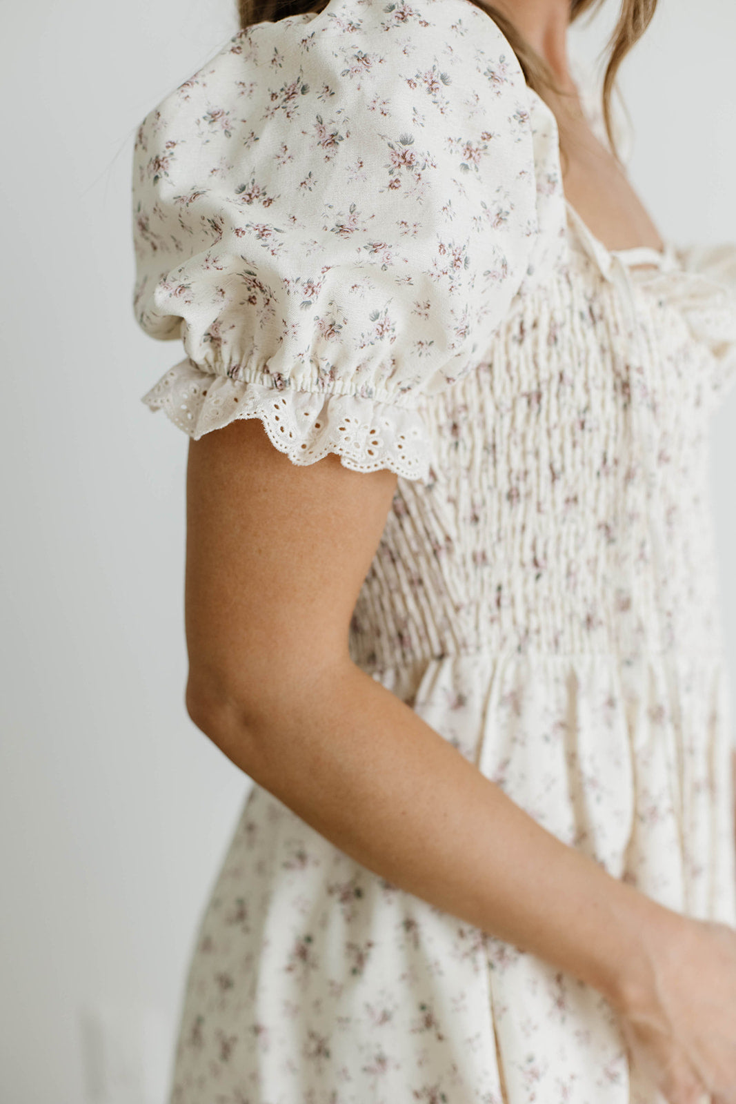 Danna Eyelet Trim Floral Midi Dress in Ivory