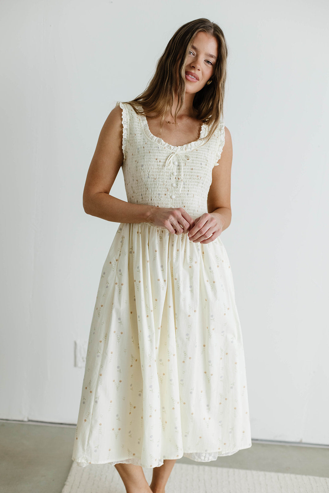Madeline 100% Cotton Retro Smocked Midi Dress in Cream Multi