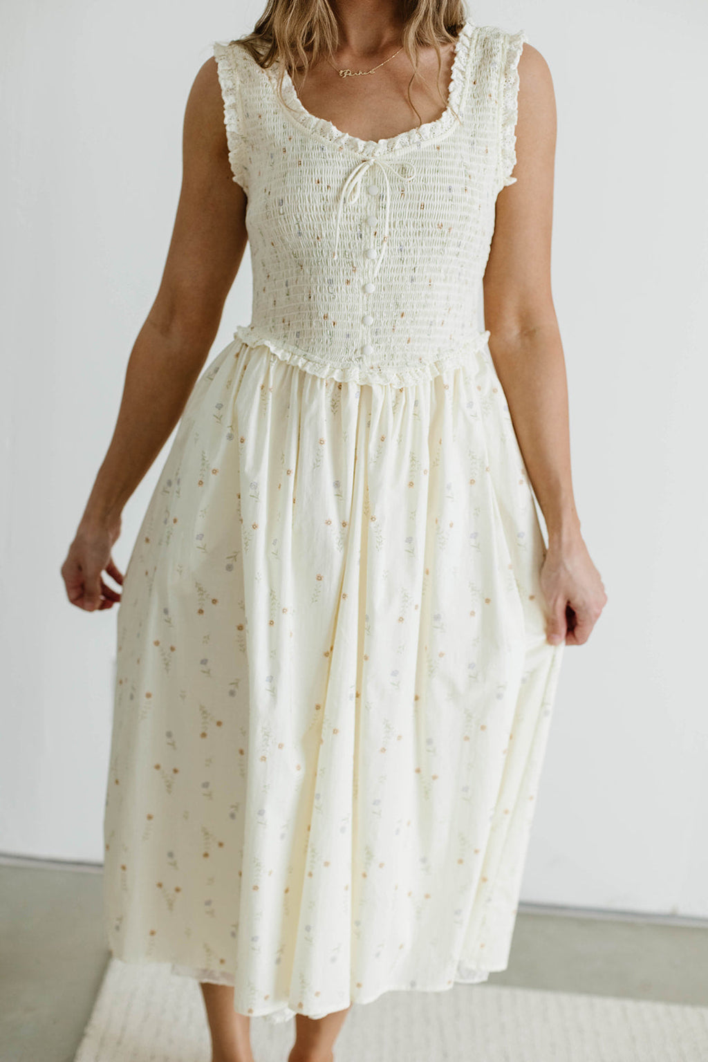 Madeline 100% Cotton Retro Smocked Midi Dress in Cream Multi