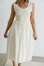 Madeline 100% Cotton Retro Smocked Midi Dress in Cream Multi