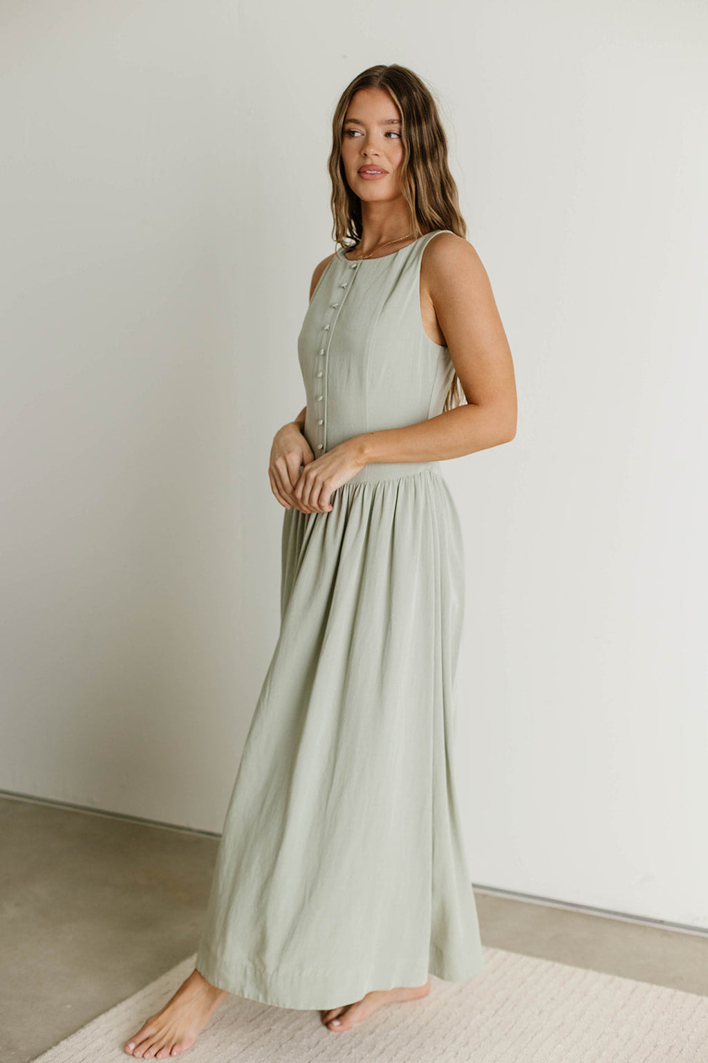 Foster Boat Neck Front Button Detail Midi Dress in Olive