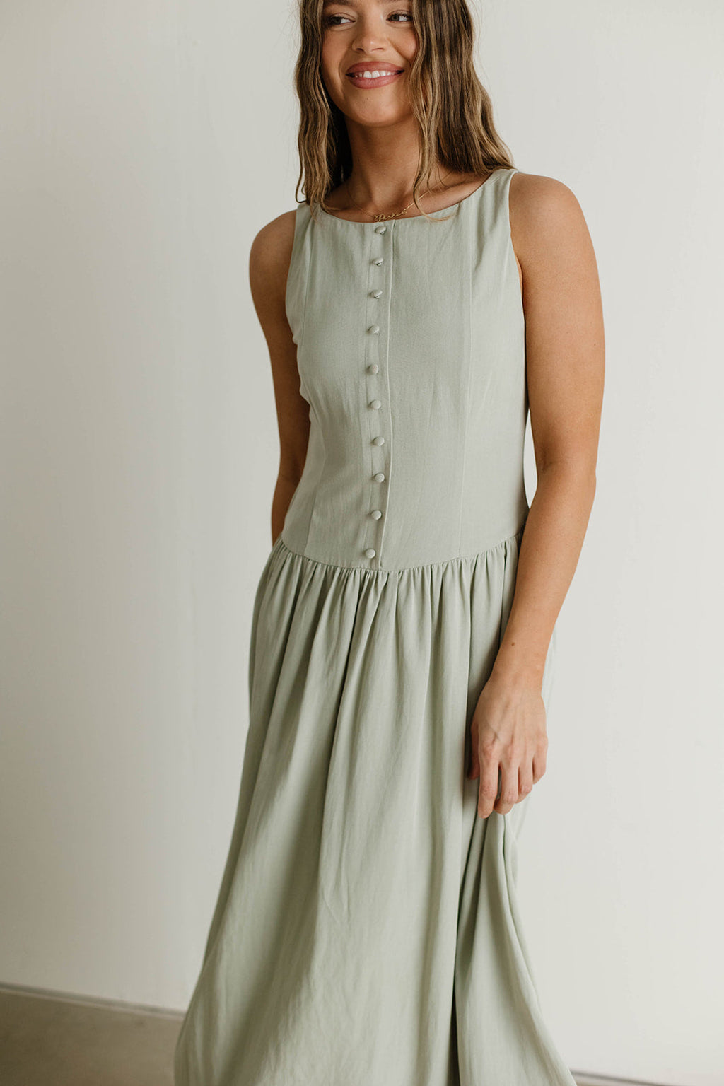Foster Boat Neck Front Button Detail Midi Dress in Olive
