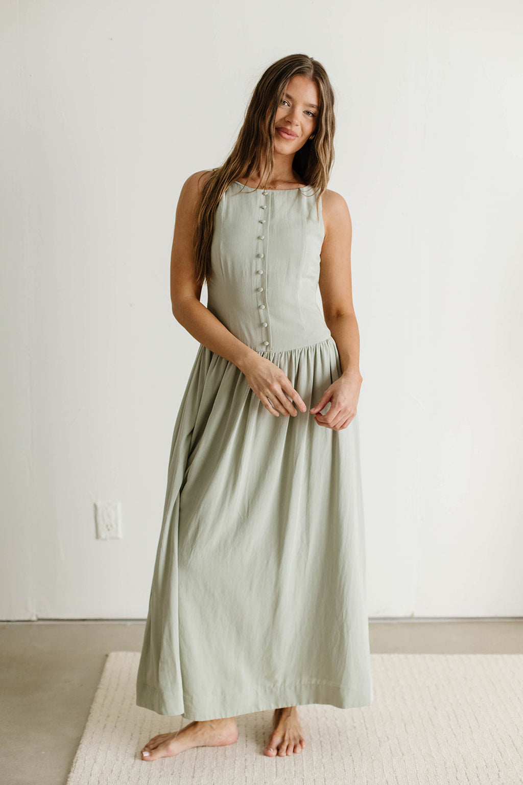 Foster Boat Neck Front Button Detail Midi Dress in Olive