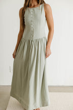 Foster Boat Neck Front Button Detail Midi Dress in Olive