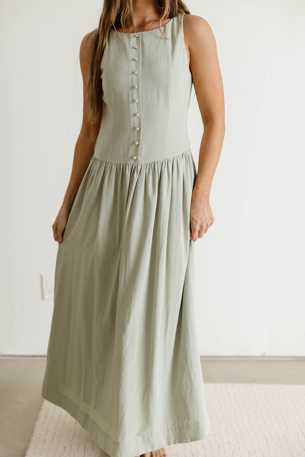 Foster Boat Neck Front Button Detail Midi Dress in Olive