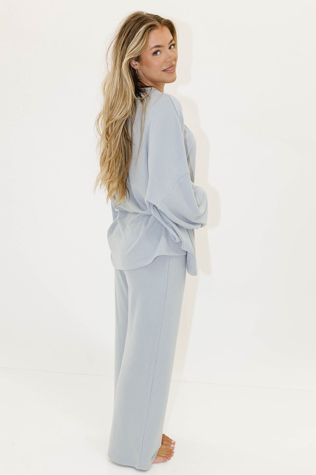 Naomi Oversized Fleece Long Sleeve Top in Dusty Blue