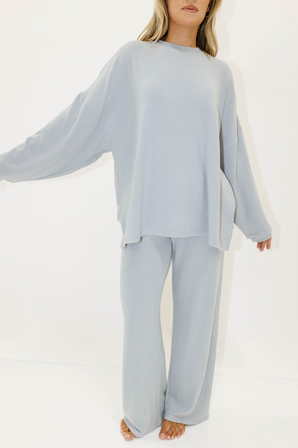 Naomi Oversized Fleece Long Sleeve Top in Dusty Blue