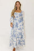 Emerson 100% Cotton Smocked Maxi Dress with Long Sleeves in Scenic Blue - Bump Friendly & Inclusive Sizing