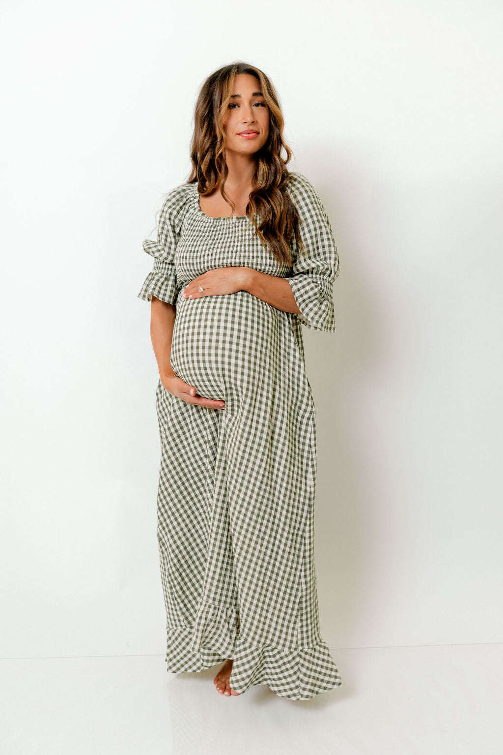 Sienna 100% Cotton Puff Sleeve Maxi Dress in Forest Plaid (Lined) - Bump Friendly