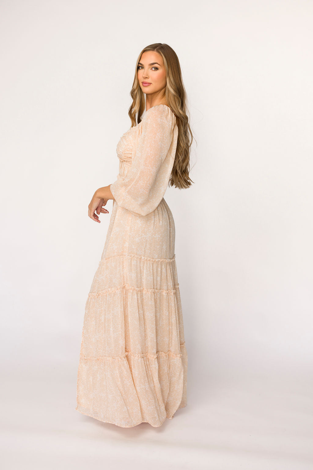 Daphne Long Sleeve Maxi Dress in Light Beige/White Floral - Bump Friendly