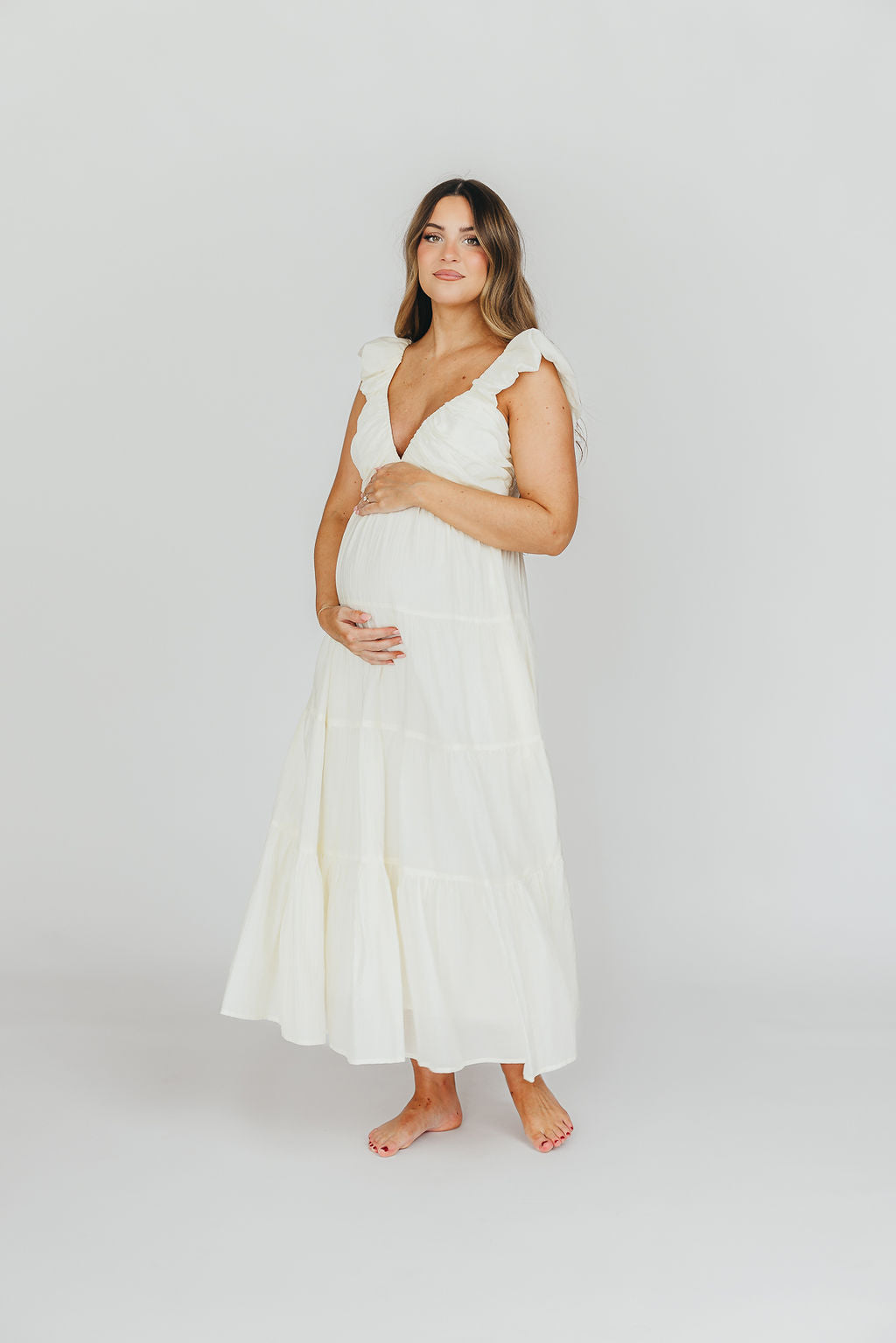Katy Pleated Bodice Maxi Dress in Cream - Bump Friendly