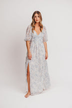 Daphne High Slit Eyelet Detail Maxi Dress in Blue/White Floral - Inclusive Sizing
