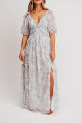 Daphne High Slit Eyelet Detail Maxi Dress in Blue/White Floral - Inclusive Sizing