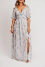 Daphne High Slit Eyelet Detail Maxi Dress in Blue/White Floral - Inclusive Sizing