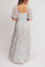 Daphne High Slit Eyelet Detail Maxi Dress in Blue/White Floral - Inclusive Sizing