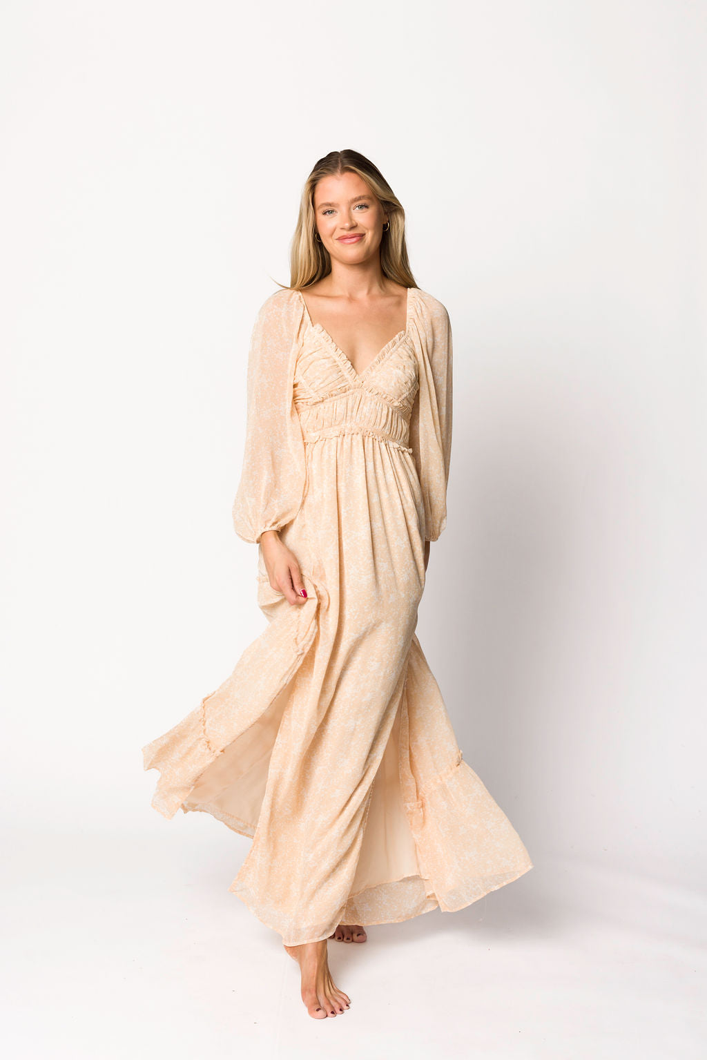 Daphne Long Sleeve Maxi Dress in Light Beige/White Floral - Bump Friendly