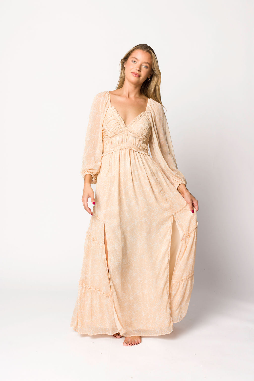Daphne Long Sleeve Maxi Dress in Light Beige/White Floral - Bump Friendly