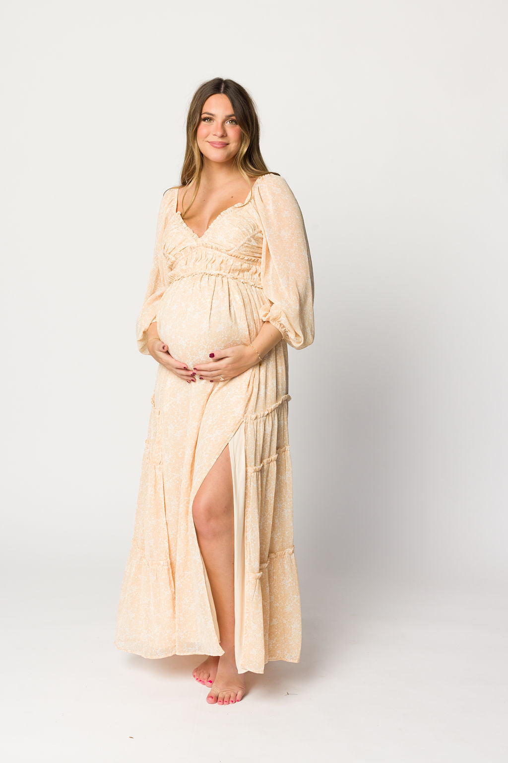 Daphne Long Sleeve Maxi Dress in Light Beige/White Floral - Bump Friendly