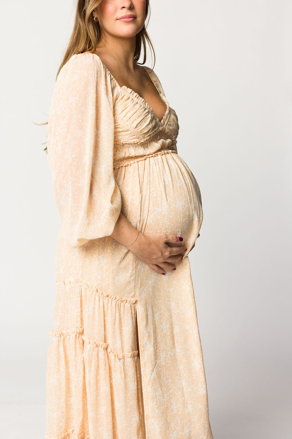 Daphne Long Sleeve Maxi Dress in Light Beige/White Floral - Bump Friendly