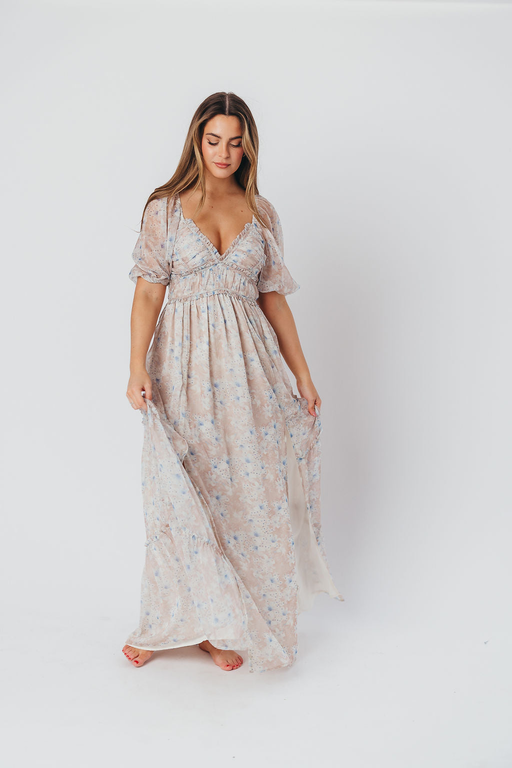 Daphne Maxi Dress in Beige/Blue Floral - Bump Friendly