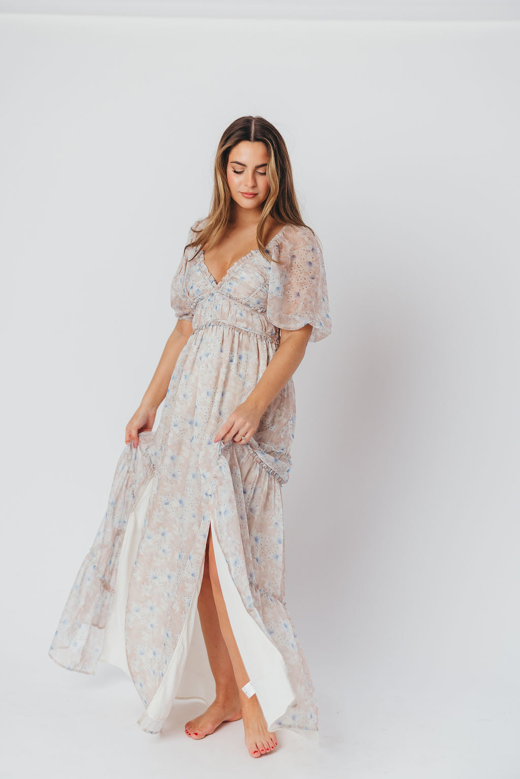 Daphne Maxi Dress in Beige/Blue Floral - Bump Friendly