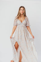 Daphne Maxi Dress in Beige/Blue Floral - Bump Friendly